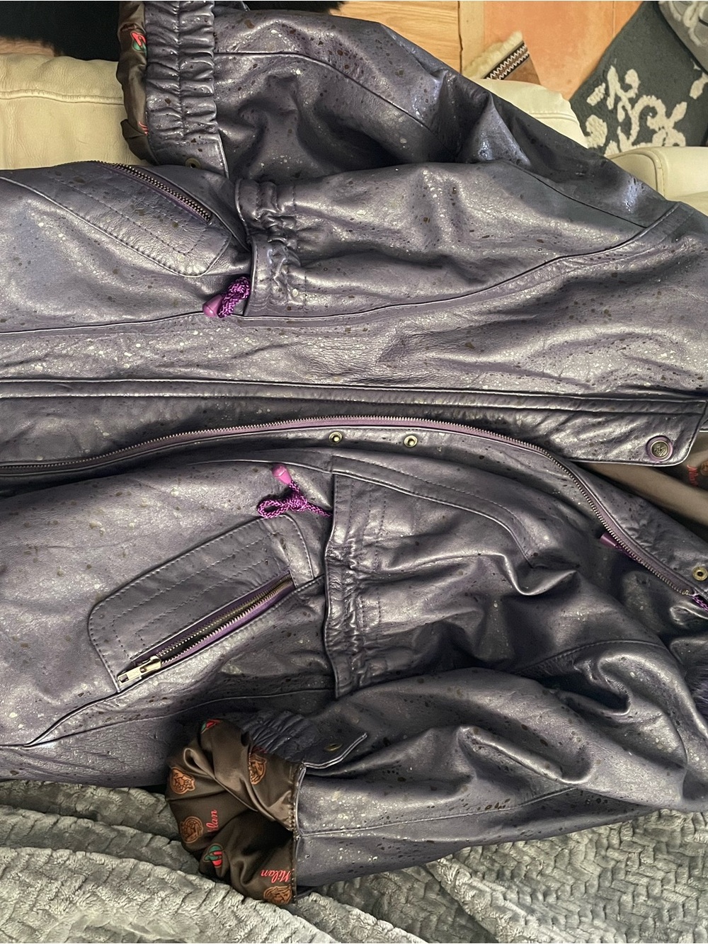 Vintage Purple rabbit fur Leather Zip Jacket